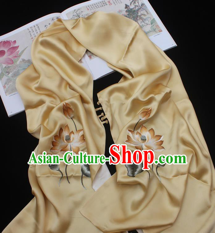 China Traditional Cheongsam Embroidered Lotus Tippet Handmade Yellow Silk Scarf