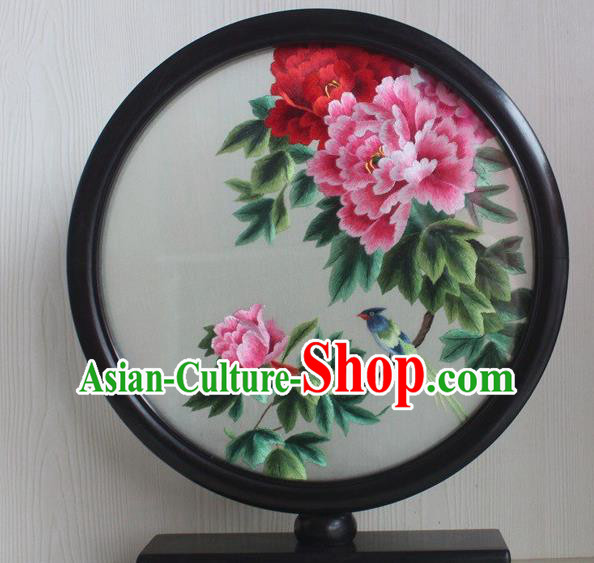 China Traditional Embroidery Peony Round Desk Screen Rosewood Table Decoration Handmade Craft