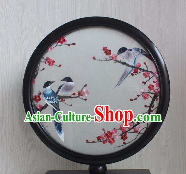 China Double Side Suzhou Embroidery Plum Bird Desk Screen Traditional Rosewood Table Decoration Handmade Craft