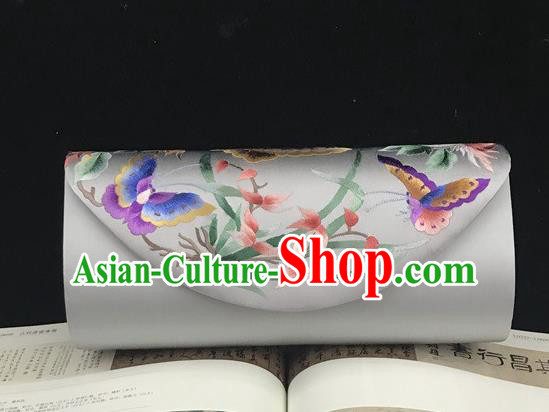 China National Bag Traditional Grey Silk Handbag Handmade Suzhou Embroidery Orchids Clutch Bag