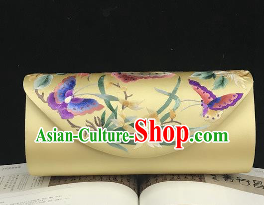 Traditional Yellow Silk Handbag China National Chain Bag Handmade Suzhou Embroidery Orchids Clutch Bag