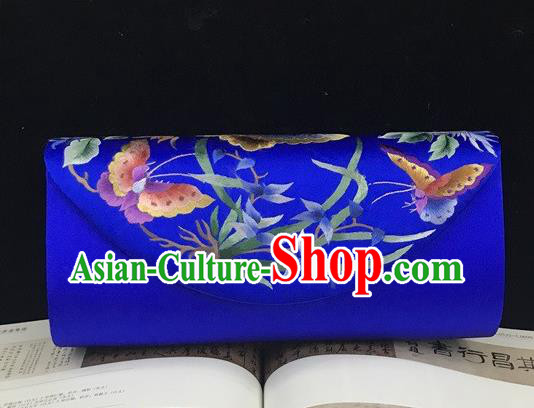 Suzhou Embroidery Orchids Handbag China Traditional National Royalblue Silk Clutch Bag Handmade Chain Bag