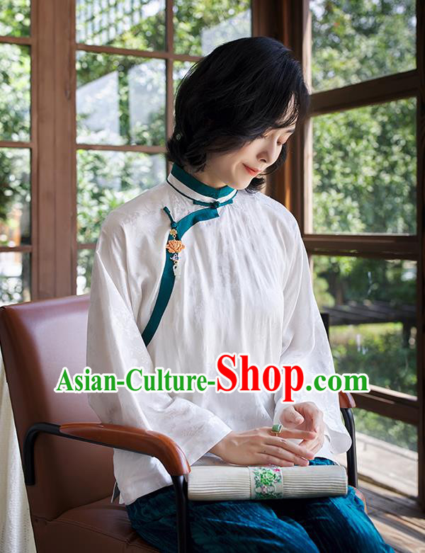 Chinese Tang Suit White Blouse Women Upper Outer Garment Traditional Costume Shirt