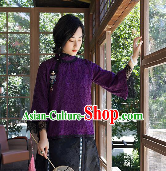 Chinese Traditional Purple Lace Blouse Costume Jacquard Shirt Tang Suit Upper Outer Garment