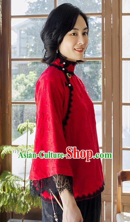 Chinese Jacquard Shirt Tang Suit Upper Outer Garment Traditional Red Lace Blouse Costume