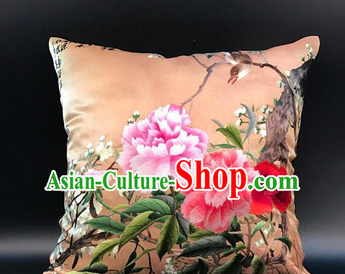 China Traditional Embroidered Peony Orange Silk Pillowslip Suzhou Embroidery Craft