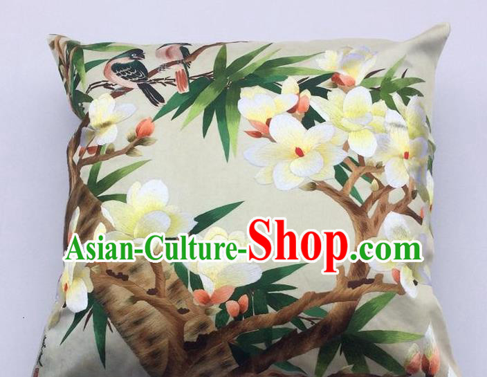 China Suzhou Embroidery Yulan Magnolia Cushion Cover Traditional Embroidered Silk Pillowslip