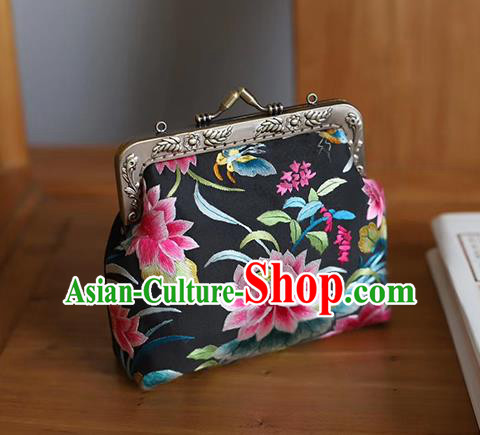 China Suzhou Embroidery Lotus Handbag Traditional Embroidered Black Silk Bag