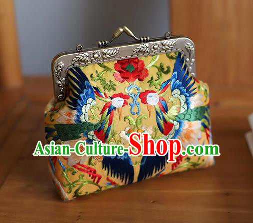 China Traditional Suzhou Embroidery Phoenix Peony Handbag Embroidered Golden Silk Bag