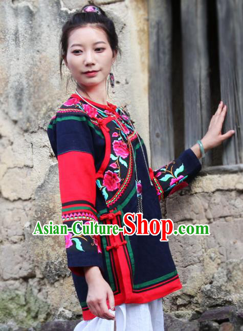 Chinese Yunnan Ethnic Costume Embroidered National Navy Flax Jacket Tang Suit Upper Outer Garment