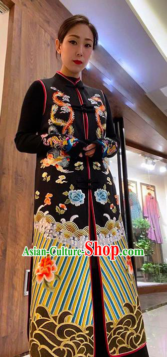 Chinese Tang Suit Dust Coat Embroidered Phoenix Peony Black Brocade Long Vest National Outer Garment