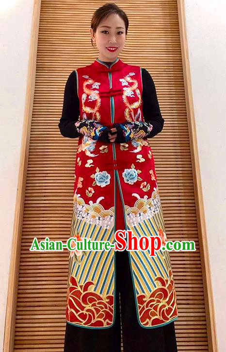 Chinese National Outer Garment Embroidered Phoenix Peony Red Brocade Long Vest Tang Suit Dust Coat