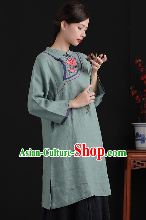 Chinese National Embroidered Green Flax Jacket Tang Suit Upper Outer Garment Women Blouse Costume