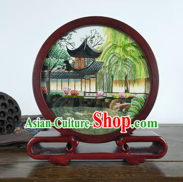 China Embroidered Waterside Pavilion Table Screen Handmade Rosewood Home Decoration Traditional Wood Carving Craft