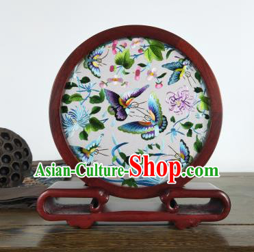 China Classical Butterfly Painting Table Screen Traditional Wood Carving Craft Handmade Rosewood Embroidered Home Decoration