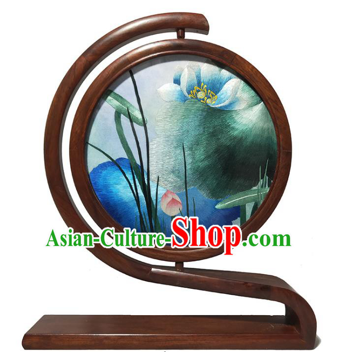 China Traditional Rosewood Home Decoration Handmade Double Side Embroidered Lotus Table Screen