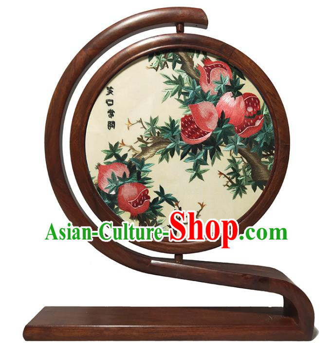 Traditional China Pomegranate Painting Table Screen Handmade Double Side Embroidered Craft