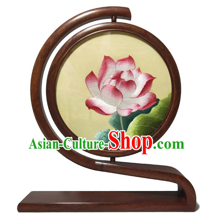 China Embroidered Lotus Screen Traditional Craft Handmade Double Side Rosewood Table Screen