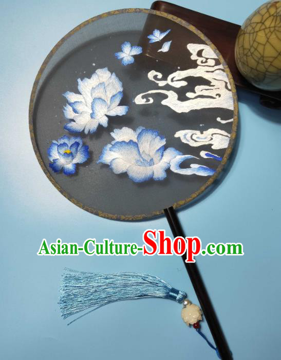 Traditional Hanfu Show Round Fan Suzhou Embroidery Black Silk Fan China Embroidered Palace Fan