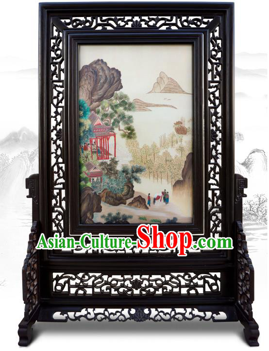 China Embroidered Landscape Painting Screen Traditional Home Furnishings Handmade Wood Carving Double Side Table Screen