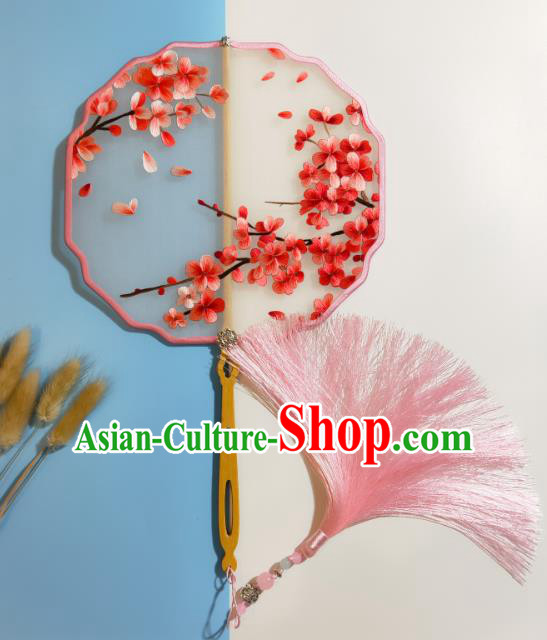 Traditional Classical Dance Embroidered Palace Fan Handmade Hanfu Fan China Suzhou Embroidery Plum Blossom Silk Fan
