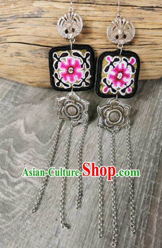 Traditional China Ethnic Embroidered Earrings Handmade Ear Accessories Silver Tassel Jewelry for Women