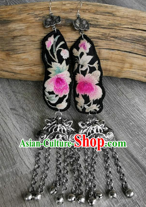 China Embroidered Peony Earrings Traditional Miao Ethnic Accessories Handmade Silver Bells Tassel Eardrop for Women
