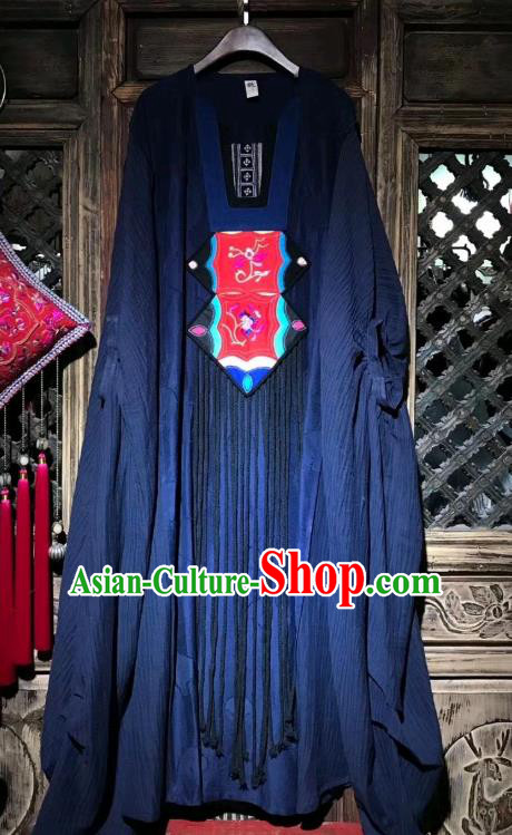 Chinese Traditional Minority Women Embroidery Navy Robe Costume Embroidered Dress National Clothing