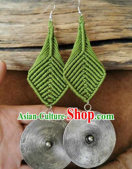 China Handmade Sennit Earrings Silver Tassel Eardrop Traditional Miao Ethnic Accessories for Women