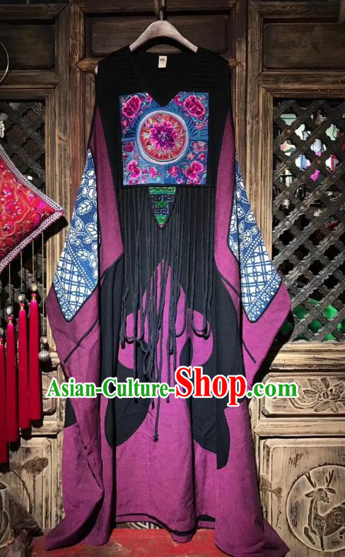 Chinese Traditional Minority Women Embroidery Purple Flax Robe National Clothing Embroidered Dress