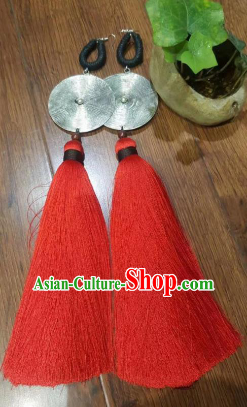 China Traditional Red Long Tassel Earrings National Silver Ear Accessories Handmade Miao Ethnic Exaggerated Jewelry