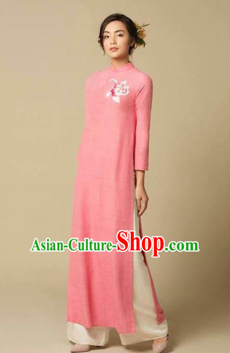 Asian Vietnam Classical Magnolia Pattern Ao Dai Qipao Traditional Vietnamese Costumes Pink Flax Cheongsam Dress and Loose Pants for Women