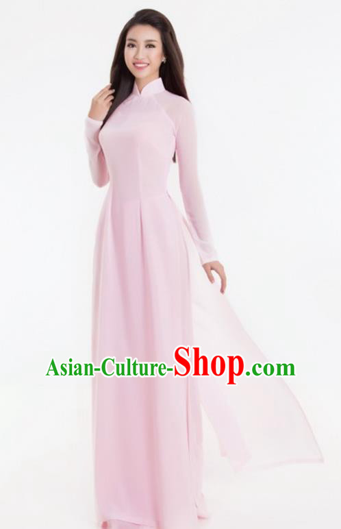 Asian Vietnam Classical Light Pink Ao Dai Qipao Traditional Vietnamese Costumes Cheongsam Dress and Pants for Women