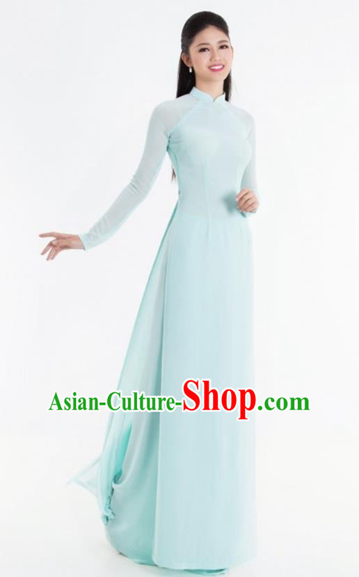 Asian Vietnam Classical Light Blue Ao Dai Qipao Traditional Vietnamese Costumes Cheongsam Dress and Pants for Women