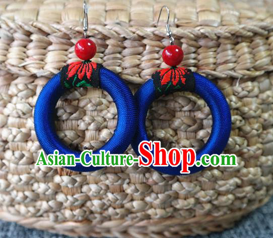 Handmade China National Eardrop Traditional Miao Nationality Ear Accessories Ethnic Royalblue Waxed Thread Earrings