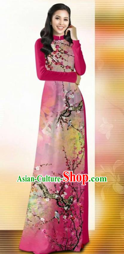 Asian Vietnam Classical Plum Blossom Pattern Ao Dai Qipao Traditional Vietnamese Costumes Rosy Cheongsam Dress and Pants for Women