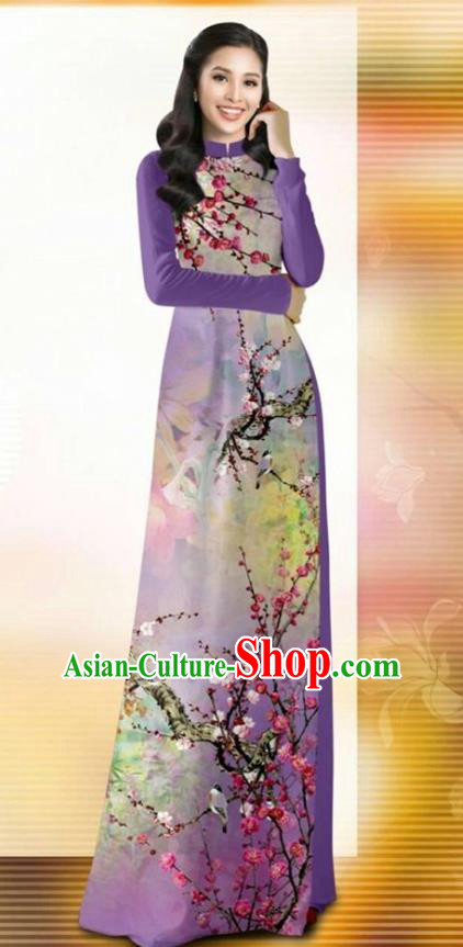 Asian Vietnam Classical Plum Blossom Pattern Ao Dai Qipao Traditional Vietnamese Costumes Lilac Cheongsam Dress and Pants for Women