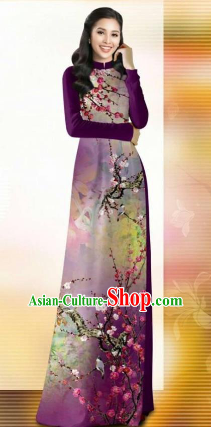 Asian Vietnam Classical Plum Blossom Pattern Ao Dai Qipao Traditional Vietnamese Costumes Purple Cheongsam Dress and Pants for Women