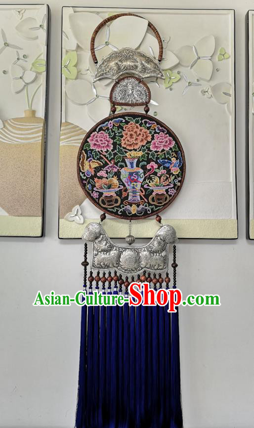 China National Embroidered Craft Accessories Miao Ethnic Silver Carving Royalblue Tassel Pendant