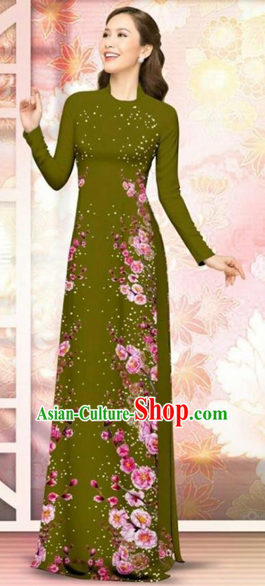 Asian Vietnam Olive Green Cheongsam Dress and Pants Traditional Vietnamese Costumes Classical Plum Blossom Pattern Ao Dai Qipao for Women