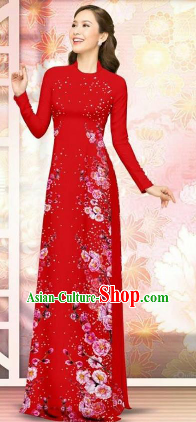 Asian Vietnam Red Cheongsam Dress and Pants Traditional Vietnamese Costumes Classical Plum Blossom Pattern Ao Dai Qipao for Women