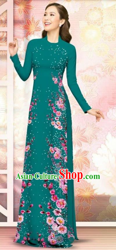 Asian Vietnam Green Cheongsam Dress and Pants Traditional Vietnamese Costumes Classical Plum Blossom Pattern Ao Dai Qipao for Women