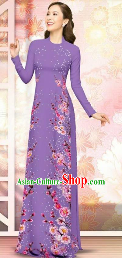 Asian Vietnam Violet Cheongsam Dress and Pants Traditional Vietnamese Costumes Classical Plum Blossom Pattern Ao Dai Qipao for Women