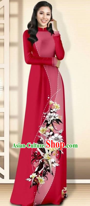 Asian Vietnam Wine Red Cheongsam Dress and Pants Traditional Vietnamese Costumes Classical Flowers Bird Pattern Ao Dai Qipao for Women