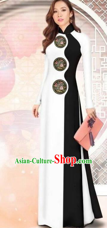 Asian Vietnam Printing White Cheongsam Dress and Pants Traditional Vietnamese Costumes Classical Ao Dai Qipao for Women