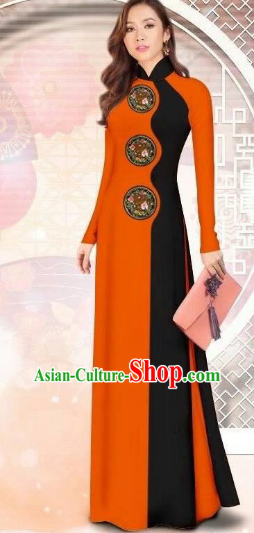 Asian Vietnam Printing Orange Cheongsam Dress and Pants Traditional Vietnamese Costumes Classical Ao Dai Qipao for Women