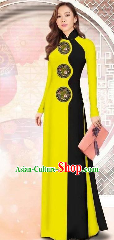 Asian Vietnam Printing Yellow Cheongsam Dress and Pants Traditional Vietnamese Costumes Classical Ao Dai Qipao for Women
