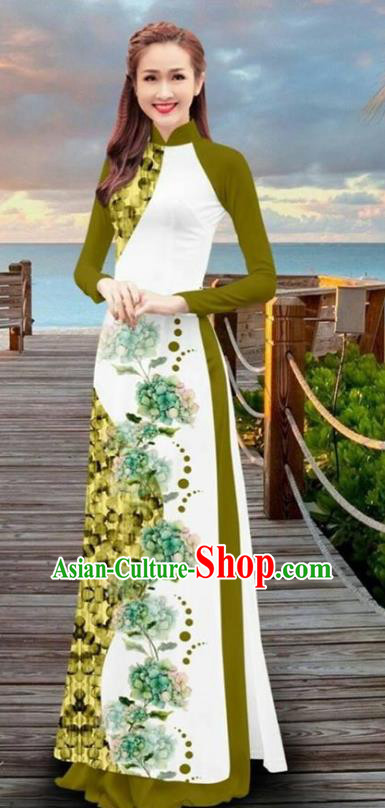 Asian Vietnam Printing Flowers Cheongsam Dress and Pants Traditional Vietnamese Costumes Classical Olive Green Ao Dai Qipao for Women