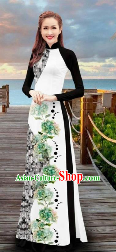Asian Vietnam Printing Flowers Cheongsam Dress and Pants Traditional Vietnamese Costumes Classical Black Ao Dai Qipao for Women