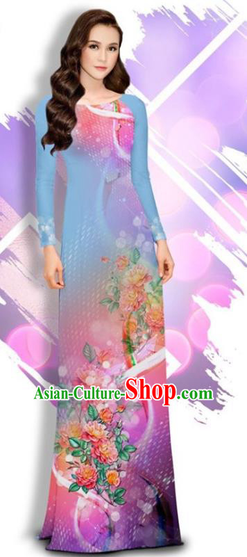 Asian Vietnam Printing Peony Cheongsam and Pants Traditional Vietnamese Female Costumes Classical Light Blue Ao Dai Qipao Dress